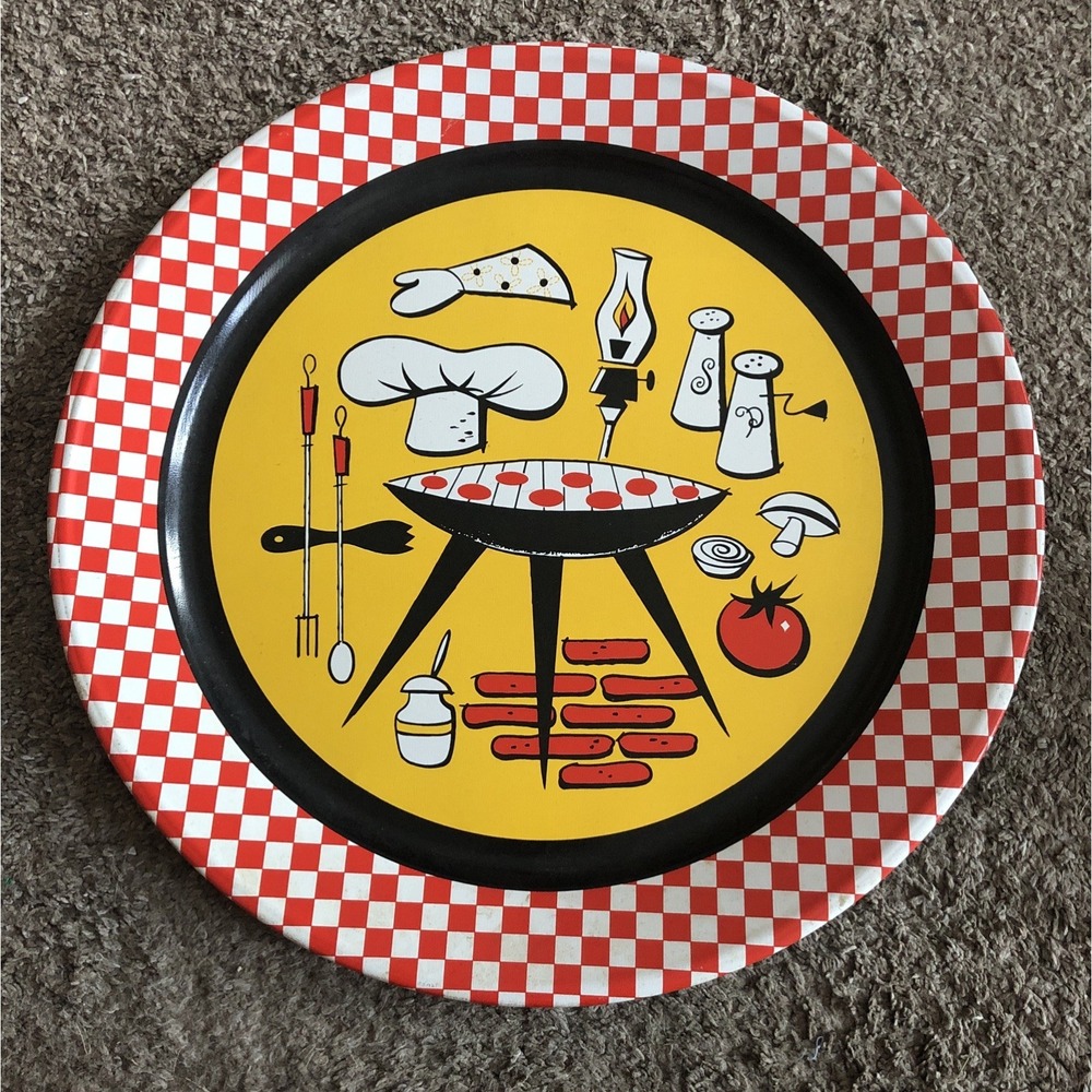 Vintage Mid Century Modern 1950s Metal Serving Tray BBQ Grill 19" Retro Decor